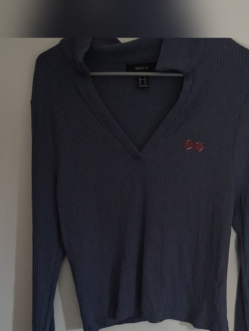 Forever 21 Navy Ribbed V-Neck Sweater with Cherry Detail